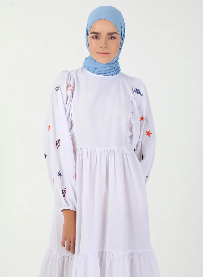 Benin by modanisa Embroidered Balloon Sleeve Dress