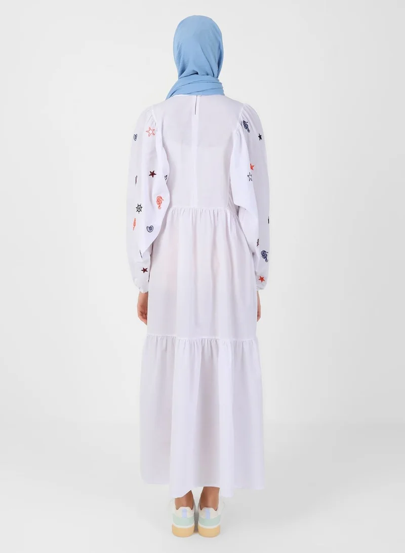Benin by modanisa Embroidered Balloon Sleeve Dress