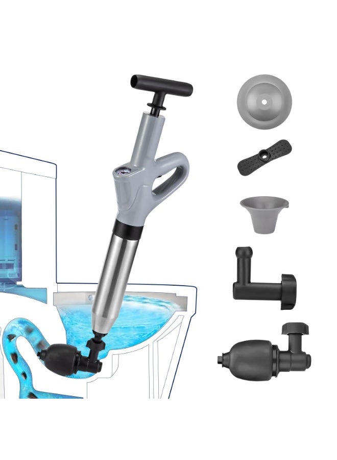 HOMESTAR Stainless Steel Toilet Pipe Plunger With Pressure Gauge - Manual Drain Cleaner Tool With Complete Attachment Set For Sink/Bathtub/Floor Drain Clog Removal - Image 1