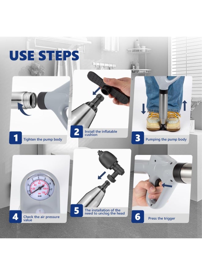 HOMESTAR Stainless Steel Toilet Pipe Plunger With Pressure Gauge - Manual Drain Cleaner Tool With Complete Attachment Set For Sink/Bathtub/Floor Drain Clog Removal - Image 5