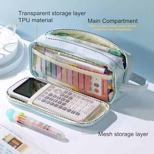 EASTHILL Large Capacity Pencil Case Cute Pencil Pouch with Handle Stationery Pen Bag for Teen Girls-Blue - Image 2