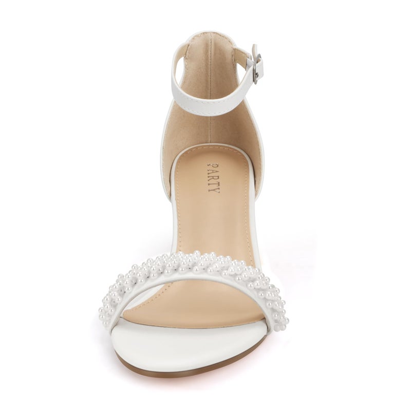 PARTY Women's Open Toe Ankle Strap Low Block Chunky Heels Sandals, White Pearl, 7.5 - Image 3