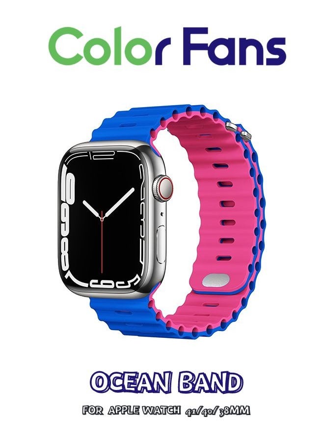 Color Fans - Soft Silicone Ocean Sports Strap Compatible Apple Watch 41mm 40mm 38mm for Men Women, Adjustible Watch Band for Apple Watch SE/Series 9/8/7/6/5/4/3/2/1 - Royal Blue/Hot Pink - Image 1