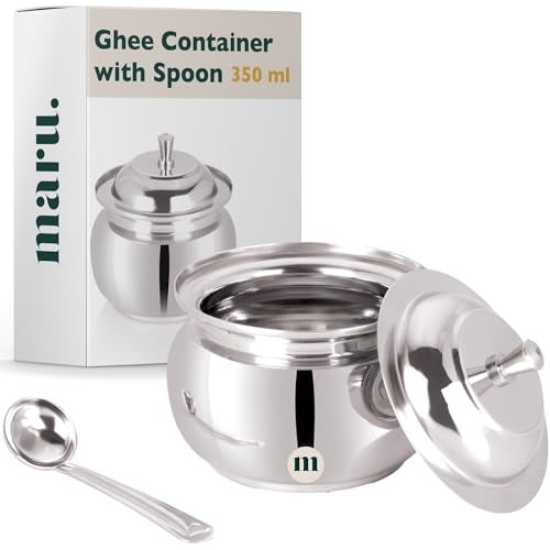 MARU Stainless Steel Ghee Pot With Spoon & Lid, Elegant Ghee Dispenser Container For Kitchen Storage Set, Multipurpose Oil, Sauce, Ghee Storage Container For Kitchen, 350Ml, Silver - Image 1