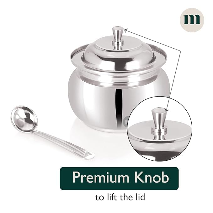 MARU Stainless Steel Ghee Pot With Spoon & Lid, Elegant Ghee Dispenser Container For Kitchen Storage Set, Multipurpose Oil, Sauce, Ghee Storage Container For Kitchen, 350Ml, Silver - Image 3