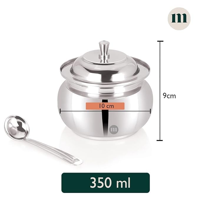 MARU Stainless Steel Ghee Pot With Spoon & Lid, Elegant Ghee Dispenser Container For Kitchen Storage Set, Multipurpose Oil, Sauce, Ghee Storage Container For Kitchen, 350Ml, Silver - Image 2