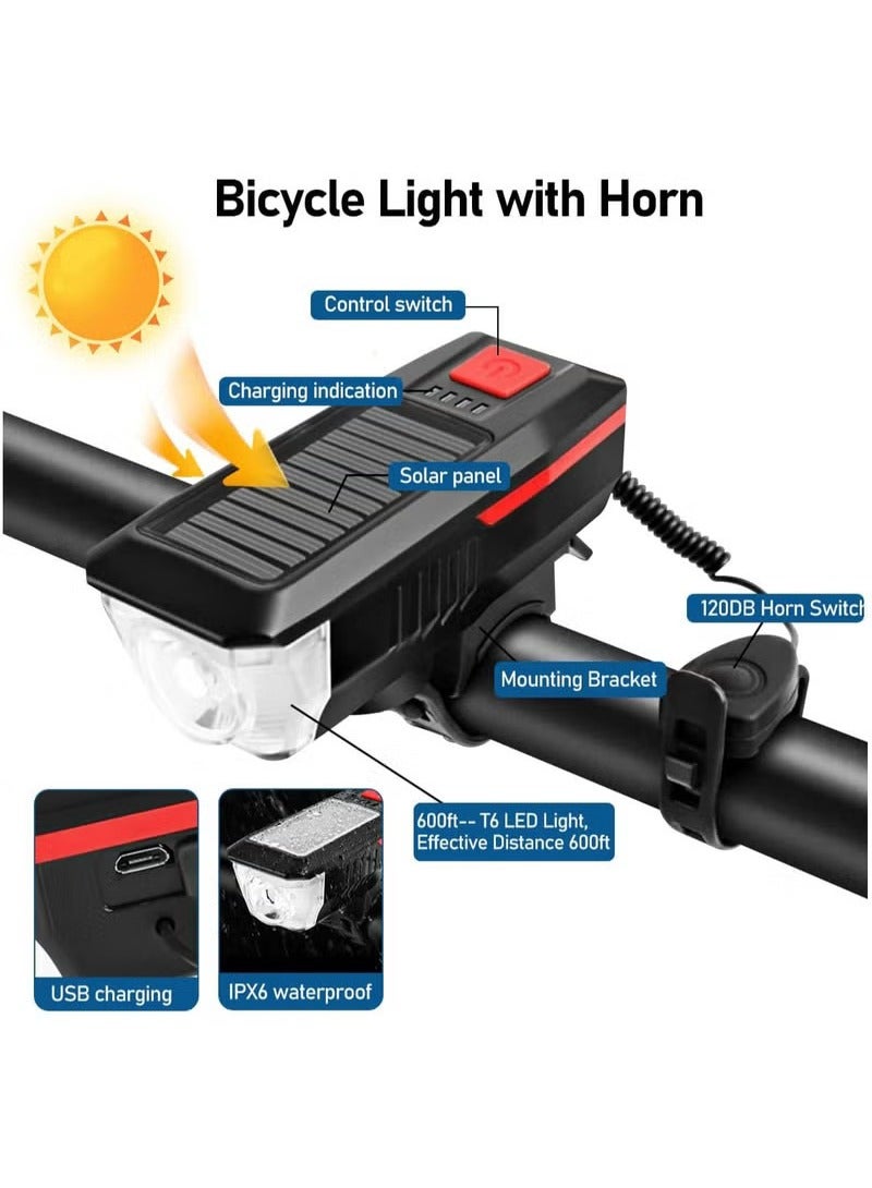 Arabest Rechargeable Solar Bike Lights, Night Ultra Bright Bicycle Lights Headlight and Back Taillight with Electric Bell, Easy to Install Waterproof, Road and Mountain LED Bike Lights (Red)  - Image 5