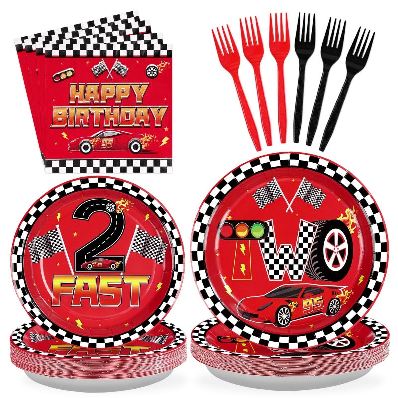 Grencian 96Pcs Race Car Two Fast Decorations 2nd Birthday Party Plates and Napkins Racing Themed Disposable Tableware Set for 2 years old Boys Transportation Birthday Party Serve 24 - Image 1