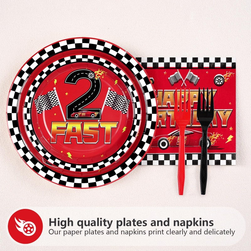 Grencian 96Pcs Race Car Two Fast Decorations 2nd Birthday Party Plates and Napkins Racing Themed Disposable Tableware Set for 2 years old Boys Transportation Birthday Party Serve 24 - Image 3