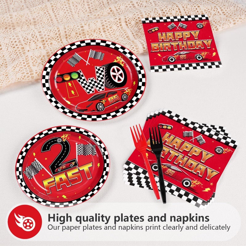 Grencian 96Pcs Race Car Two Fast Decorations 2nd Birthday Party Plates and Napkins Racing Themed Disposable Tableware Set for 2 years old Boys Transportation Birthday Party Serve 24 - Image 4