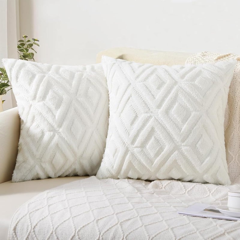 Pillowcase with Diamond-Patterned Plush Design – Bleached White, 45x45cm, 2 Pieces, Soft