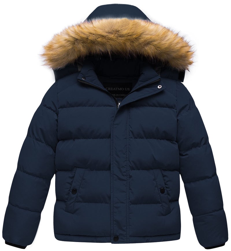CREATMO US Boys Thicken Winter Puffer Jacket Windproof Quilted Warm Fleece Coat With Hood Navy 67