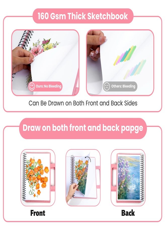 Flying Eagle Large Sketchbook for Drawing 9"X 12" Portable Travel Spiral Bound Sketch Book with Pocket(98lb/160gsm) Hardcover Drawing Pad for Adults Watercolor Mixed Media Paper, 60 Sheets Pink - Image 4