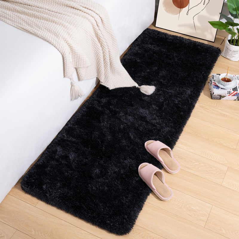 Przemy Fluffy Runner Rug for Bedroom Living Room  2x6 Feet Black Shag Area Rugs  Soft Fuzzy Carpet for Bedside Nursery Kids Room College Dorm  Plush Throw Rug for Home Decor - Image 1