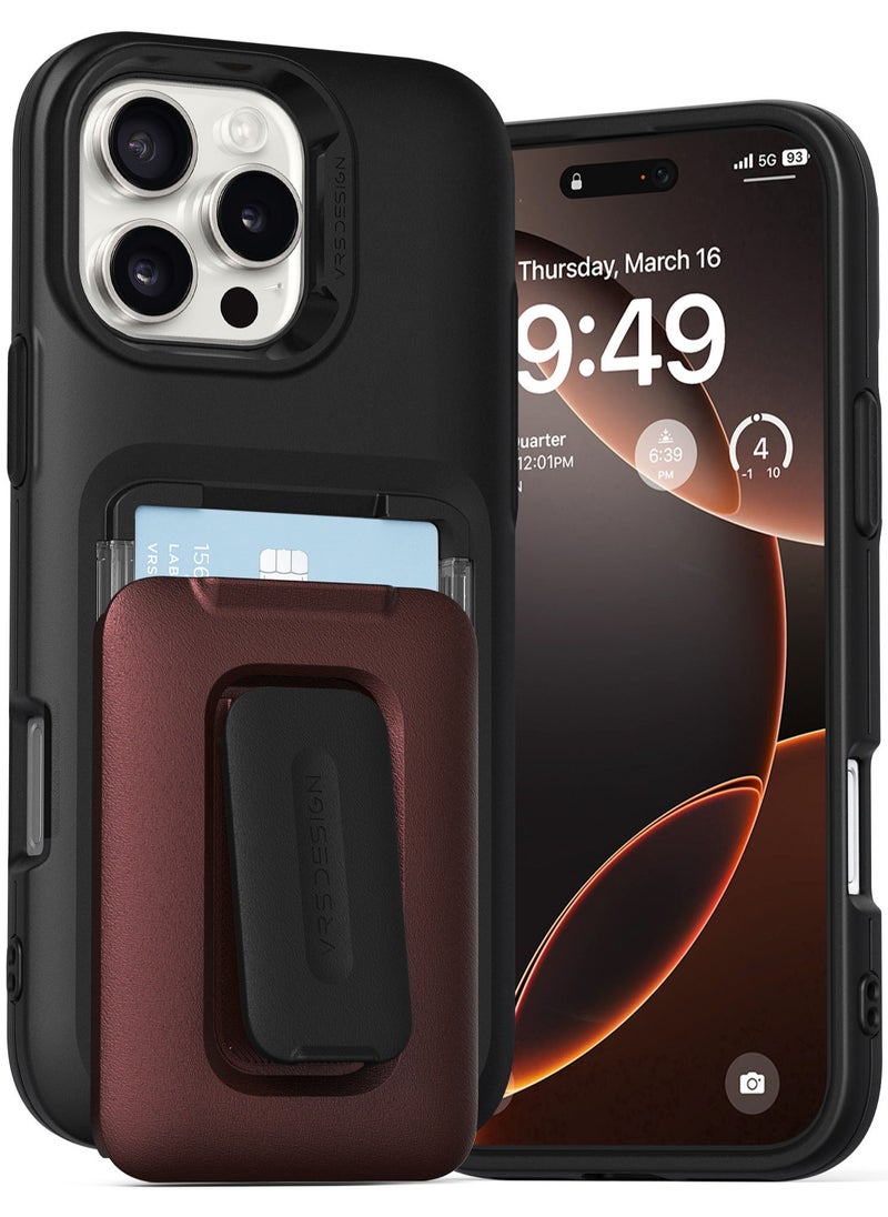 VRS Design D-Wallet Orb iPhone 16 Pro MAX Case Cover Wallet [3 Card] Credit Holder Slot [Semi Automatic] Built-in [Kickstand] - Metallic Red  - Image 1