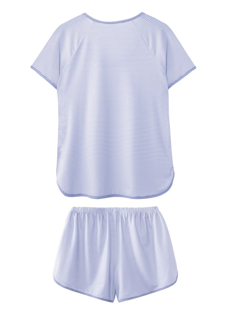 Hilinker Womens Striped Pajama Set Short Sleeve Top with Shorts Sleepwear 2 Piece Lounge Sets Blue White Stripe Small - Image 4
