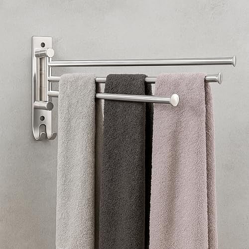 ACHRO Self Adhesive and Wall Mount Swivel Towel Rack, 15 Inch Thicken 304 Stainless Steel 3-Arm Towel Bar, Space Saving, Rustproof Swing Out Towel Hanger for Bathroom, Kitchen (Brushed Nickel) - Image 1
