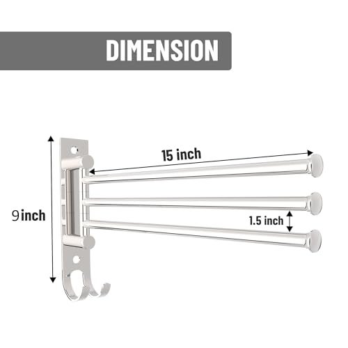 ACHRO Self Adhesive and Wall Mount Swivel Towel Rack, 15 Inch Thicken 304 Stainless Steel 3-Arm Towel Bar, Space Saving, Rustproof Swing Out Towel Hanger for Bathroom, Kitchen (Brushed Nickel) - Image 3