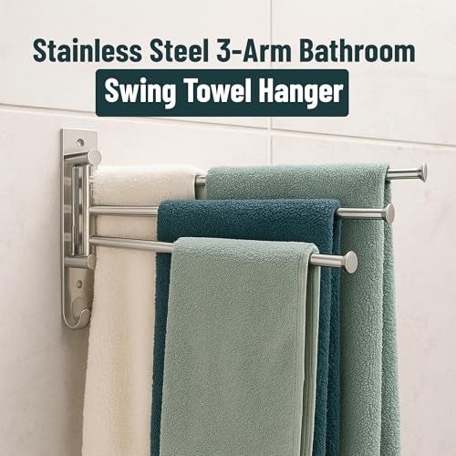 ACHRO Self Adhesive and Wall Mount Swivel Towel Rack, 15 Inch Thicken 304 Stainless Steel 3-Arm Towel Bar, Space Saving, Rustproof Swing Out Towel Hanger for Bathroom, Kitchen (Brushed Nickel) - Image 2