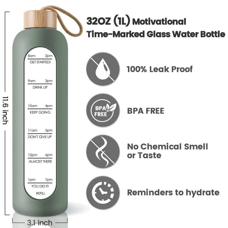 PROBTTL 32 Oz Borosilicate Glass Water Bottle with Time Marker Reminder Quotes, 1 Liter Leak Proof Reusable BPA Free Motivational Water Bottles with Silicone Sleeve and Bamboo Lid (Olive) - Image 2