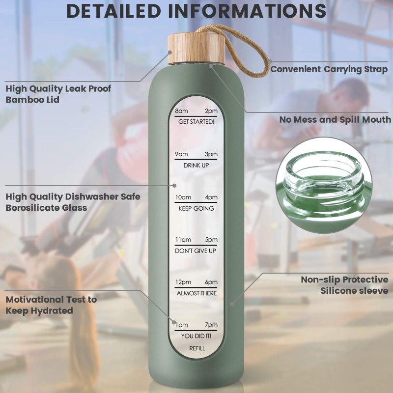 PROBTTL 32 Oz Borosilicate Glass Water Bottle with Time Marker Reminder Quotes, 1 Liter Leak Proof Reusable BPA Free Motivational Water Bottles with Silicone Sleeve and Bamboo Lid (Olive) - Image 3