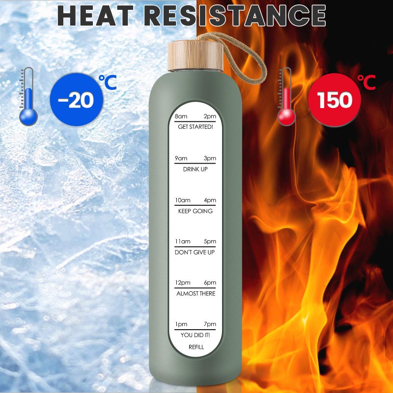 PROBTTL 32 Oz Borosilicate Glass Water Bottle with Time Marker Reminder Quotes, 1 Liter Leak Proof Reusable BPA Free Motivational Water Bottles with Silicone Sleeve and Bamboo Lid (Olive) - Image 5