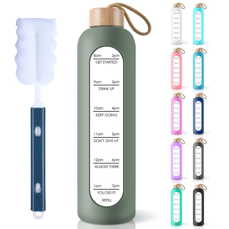 PROBTTL 32 Oz Borosilicate Glass Water Bottle with Time Marker Reminder Quotes, 1 Liter Leak Proof Reusable BPA Free Motivational Water Bottles with Silicone Sleeve and Bamboo Lid (Olive) - Image 1