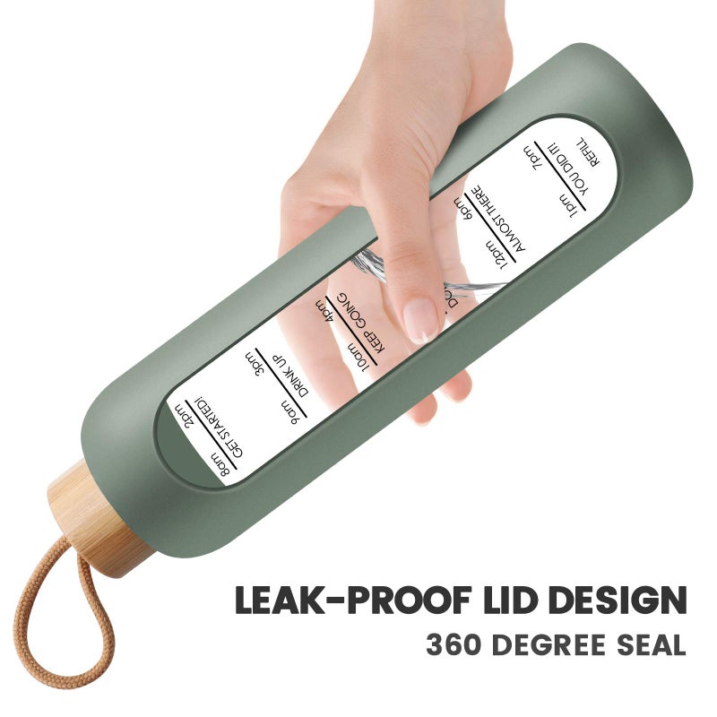 PROBTTL 32 Oz Borosilicate Glass Water Bottle with Time Marker Reminder Quotes, 1 Liter Leak Proof Reusable BPA Free Motivational Water Bottles with Silicone Sleeve and Bamboo Lid (Olive) - Image 4