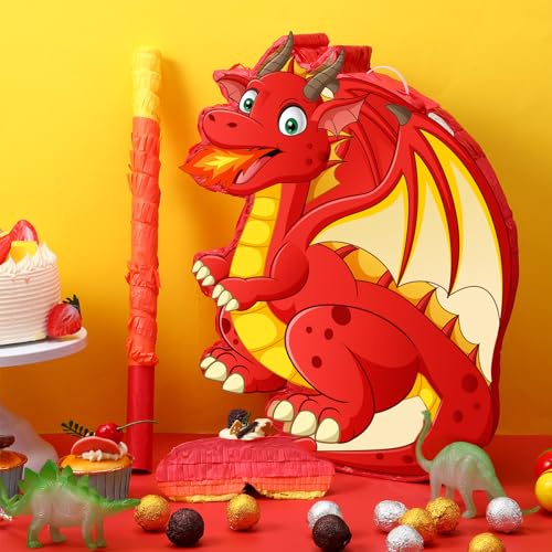 Harrycle Dinosaur Pinata Set Dino Themed Pinata with Stick and Blindfold Girls Dinosaur Birthday Party for Animal Theme Party Decoration Baby Shower Game SuppliesRed Dino - Image 5