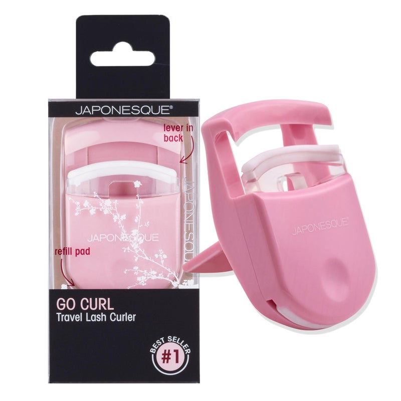 JAPONESQUE Travel Eyelash Curler, Pink - Plastic Eyelash Curlers for Travel Makeup, Go Curl Lash Curler with Bonus Replacement Lash Pad - 1 Pack - Image 1
