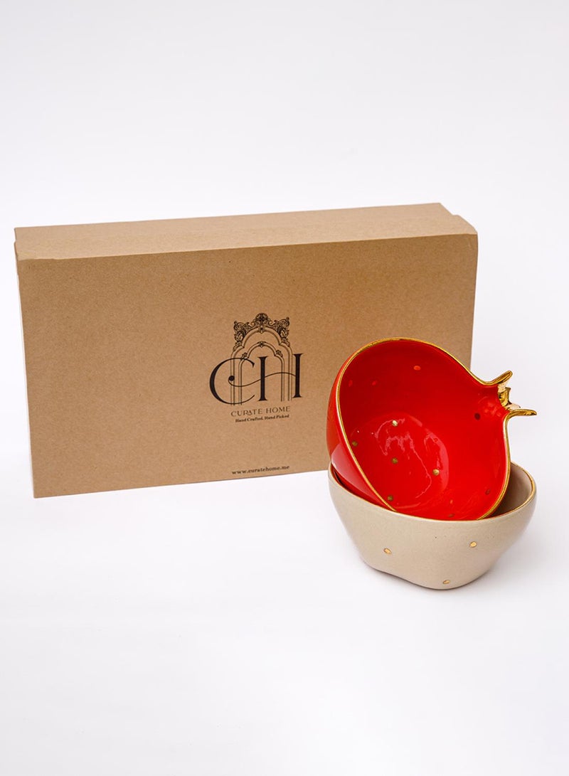 Curate Home Pomegranate Bowls Stoneware- Set of 2 - Red + Cream - Image 1