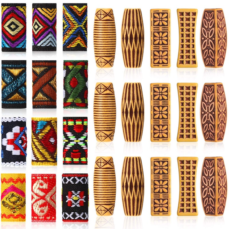 WILLBOND WILLBOND 27 Pcs Wooden Fabric Dreadlock Beads Tube Beads for Hair Braids Jewelry for Hair Beard Ornament for Women Men DIY Necklace Bracelet Earring AccessoriesSymmetric Pattern 