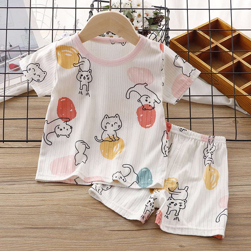 Summer Kidsren'S Short-Sleeved T-Shirt Suit, Boy'S Ice Silk Thin Half-Sleeved Shorts, Baby Girl'S Light And Breathable Air-Conditioned Suit - Image 1