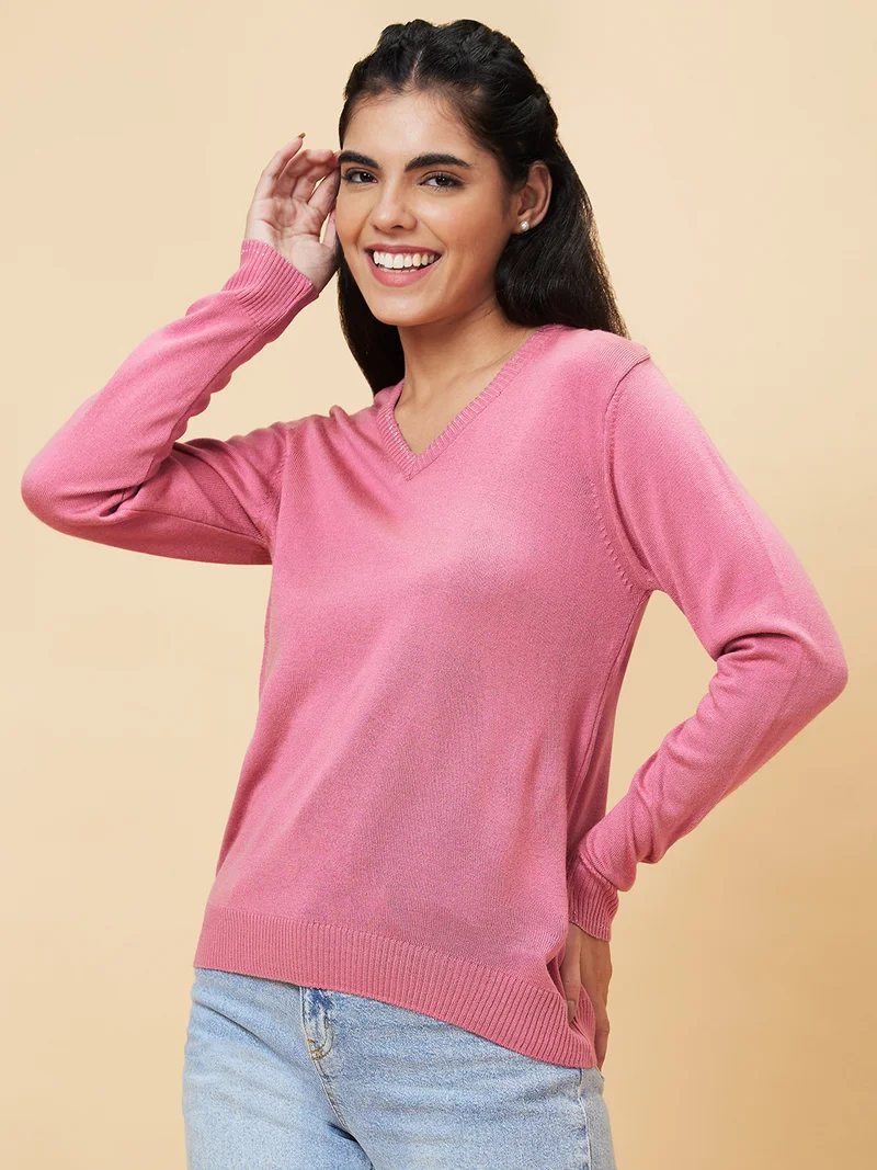 globus Women Pink V-Neck Long Sleeves Acrylic Sweater