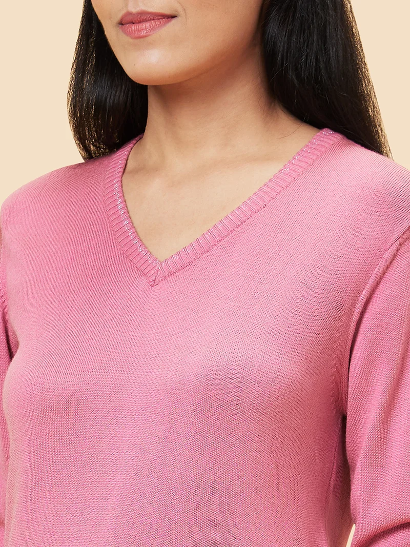 globus Women Pink V-Neck Long Sleeves Acrylic Sweater