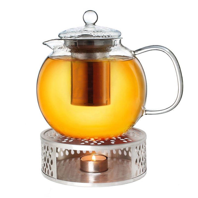 Creano Glass Teapot 1700ml with Warmer  Stovetop Safe Tea Kettle with Stainless Steel Infuser and Glass Lid Ideal for Preparing Loose Teas  Drip Free