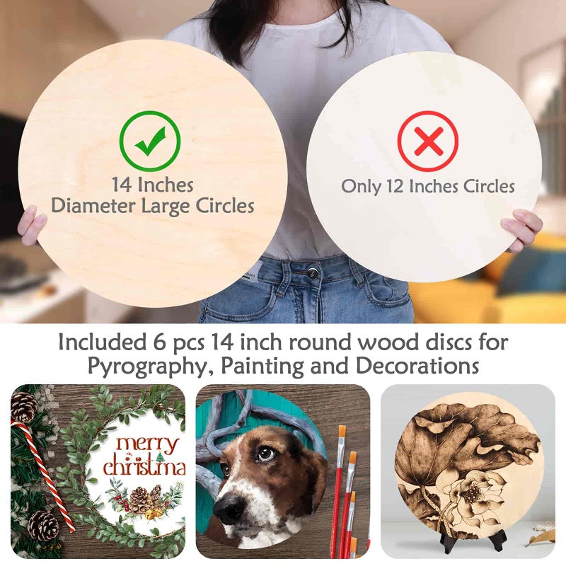 Acejoz 6 Pack 14 Inch Wood Rounds Circles for Crafts, Unfinished Wood Circles Wood Sign Blank, Wooden Discs for DIY Crafts, Door Hangers and Christmas Decoration - Image 2