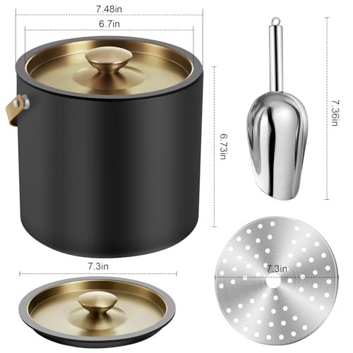 iHoo 3.2L/3.4QT Modern Insulated Ice Bucket with Silicone Lid, Scoop, Strainer, Double Wall Stainless Steel Ice Bucket for Parties & Cocktail Bar,Ideal for Gift(Black) - Image 4