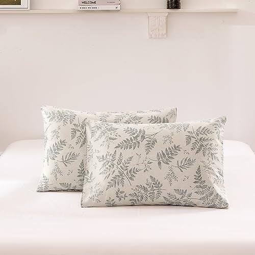 ECOCOTT 2 Pack Pillowcase Standard Size with Green Botanical Plant Leaves Pattern Pillow Cases Set, 100% Cotton Standard Pillow Covers Envelope Closure (Standard, 20"x26") - Image 4