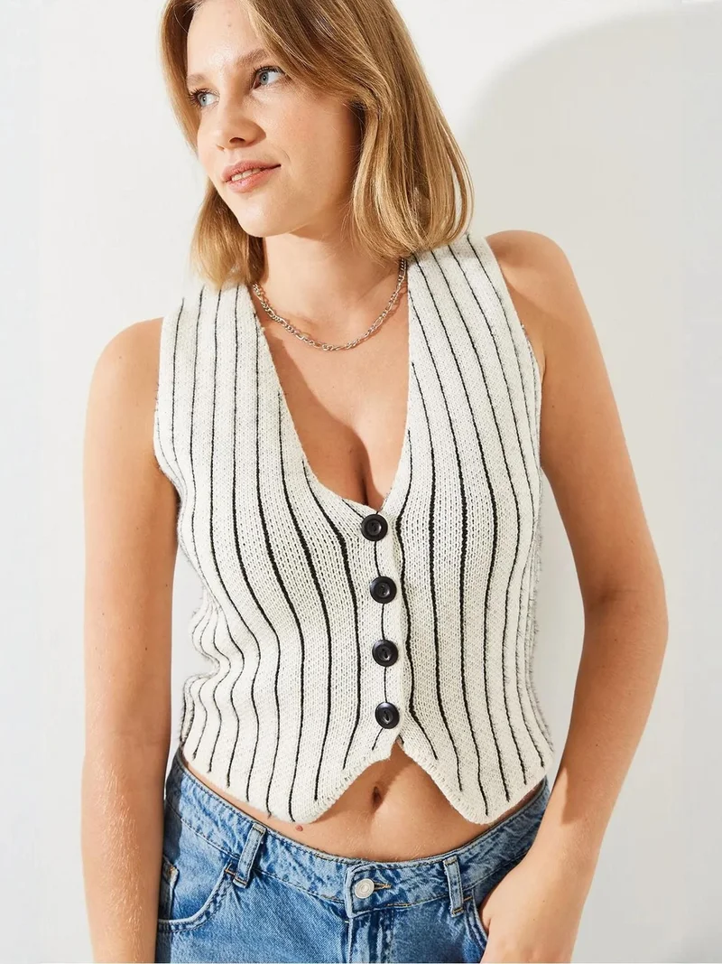 Bianco Lucci Multicolor LUCCI Striped Knitwear Crop Waistcoat for Women | Best Price UAE