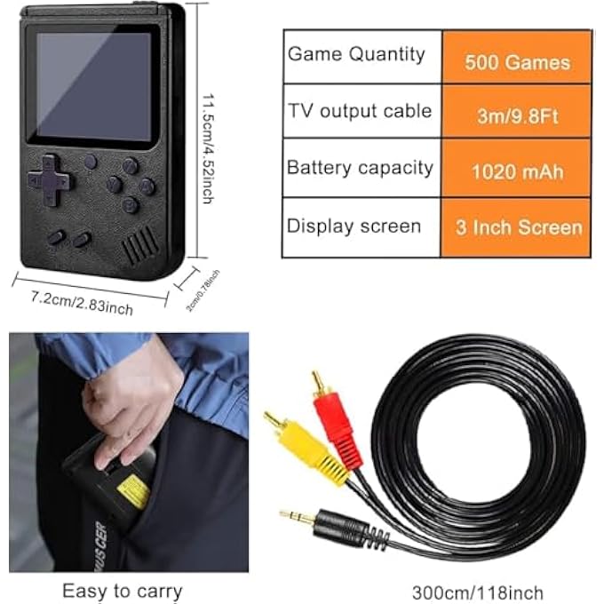 HANDHELD GAME CONSOLE, 400 / 500 FC GAMES, MINI HANDHELD GAME CONSOLE WITH 3.0-INCHES COLOR SCREEN, 1020MAH RECHARGEABLE BATTERY PORTABLE GAME CONNECT TO TV SINGLE / TWO PLAYERS (BLACK SINGLE PLAYER) - Image 4