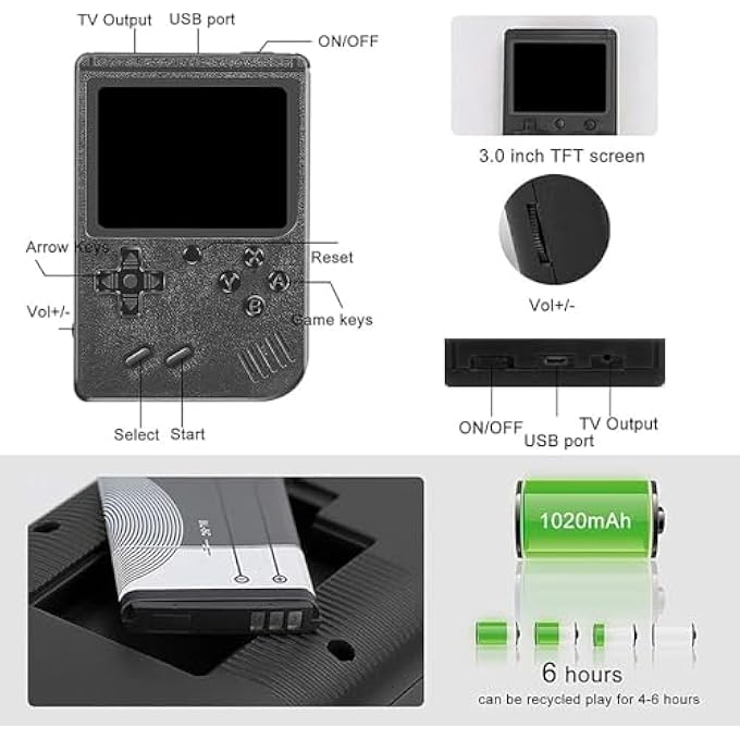 HANDHELD GAME CONSOLE, 400 / 500 FC GAMES, MINI HANDHELD GAME CONSOLE WITH 3.0-INCHES COLOR SCREEN, 1020MAH RECHARGEABLE BATTERY PORTABLE GAME CONNECT TO TV SINGLE / TWO PLAYERS (BLACK SINGLE PLAYER) - Image 3