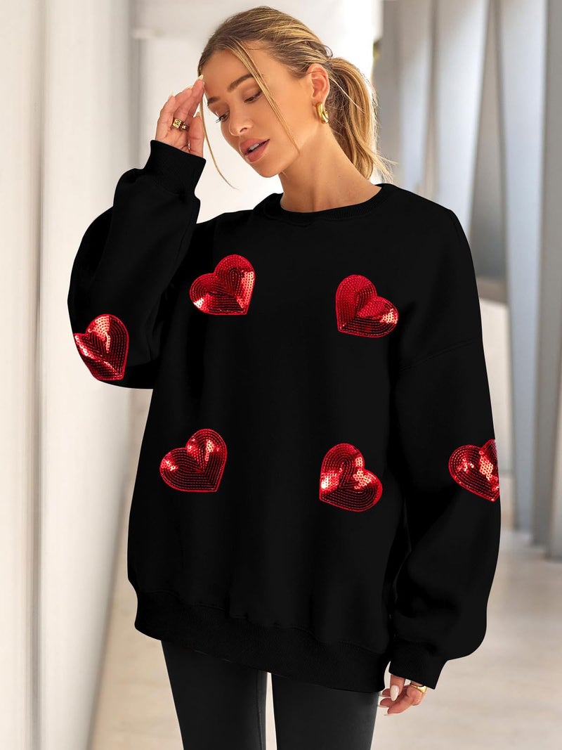 MAXIMGR Valentines Sweatshirt Women Teacher Valentine Shirts sequin Love Heart Graphic Tee Valentine's Day Gift Pullover Black - Image 3