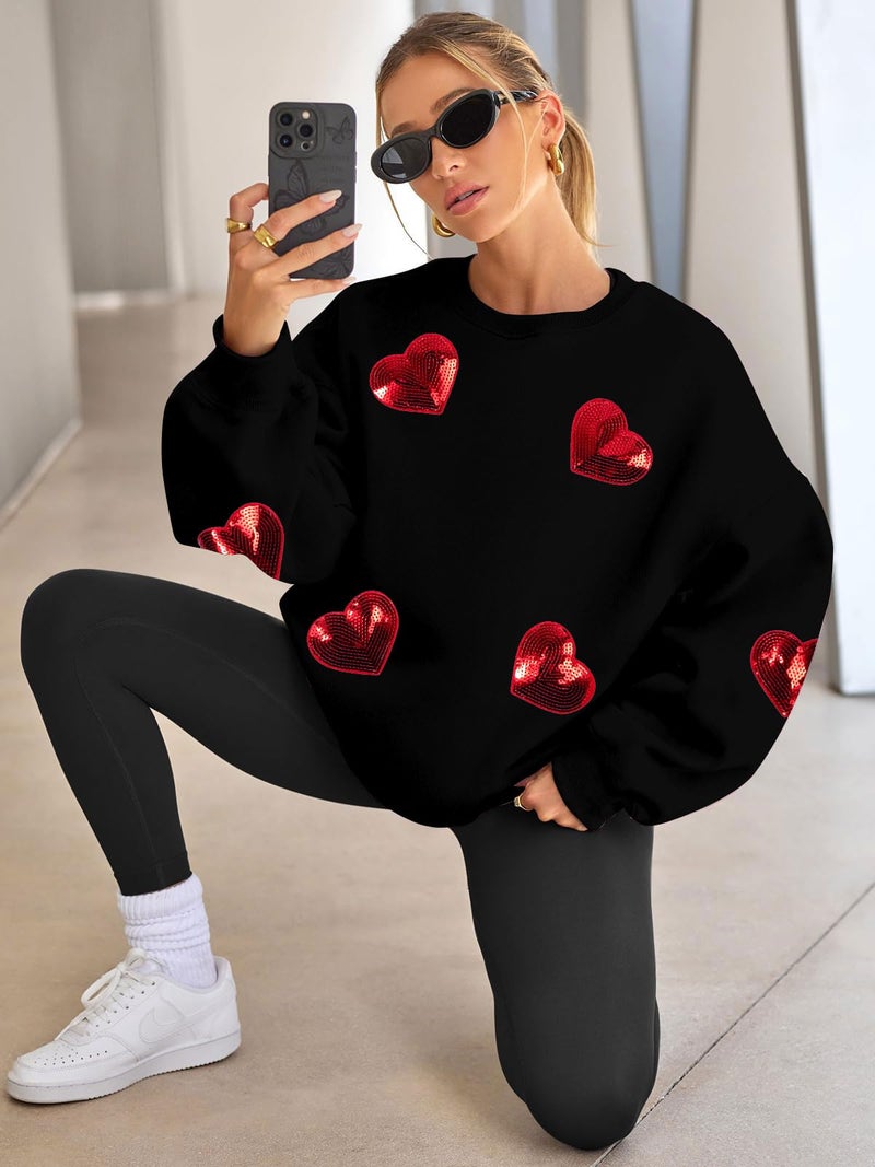 MAXIMGR Valentines Sweatshirt Women Teacher Valentine Shirts sequin Love Heart Graphic Tee Valentine's Day Gift Pullover Black - Image 5