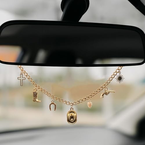 ColisPar Cute Western Country Car Rear View Mirror Hanging Accessories for Women Cowgirl Gold Car Decor Charm, Aesthetic Cowboy Rearview Chain Ornament Pendant Truck Interior Girl Girly Horse Boot Hanger - Image 1