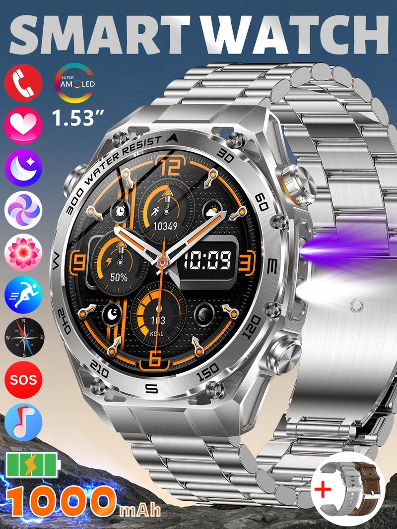 SACOSDING Military Smart Watches for men, 100+ Sport Modes with LED Flashlight and UV lamp, Outdoor Sports Smartwatch for Android Phones and iPhone, 1.53" AMOLED Screen Bluetooth Call, 800mAh large battery - Image 1