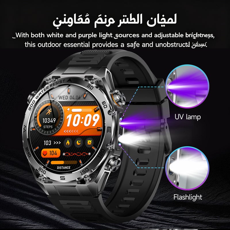 SACOSDING Military Smart Watches for men, 100+ Sport Modes with LED Flashlight and UV lamp, Outdoor Sports Smartwatch for Android Phones and iPhone, 1.53" AMOLED Screen Bluetooth Call, 800mAh large battery - Image 5