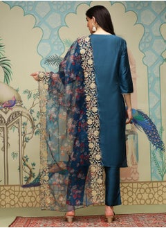 ISHIN Navy Blue Kurta Set Straight Fit 3/4 Sleeve Sleeve made from POLY VISCOSE featuring Self Design design and Round Neck neckline - Perfect for Ethinic!  - Image 5