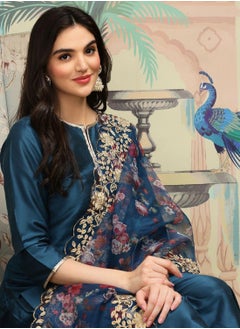 ISHIN Navy Blue Kurta Set Straight Fit 3/4 Sleeve Sleeve made from POLY VISCOSE featuring Self Design design and Round Neck neckline - Perfect for Ethinic!  - Image 3
