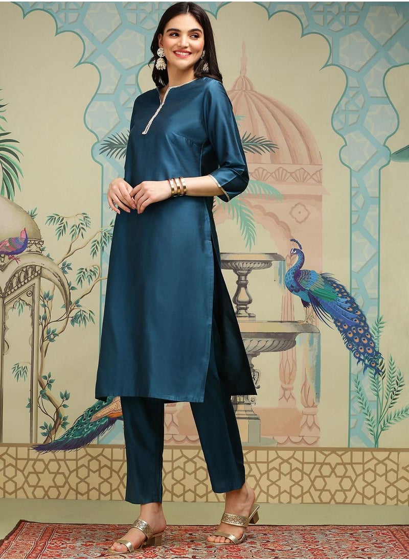 ISHIN - Navy Blue Kurta Set Straight Fit 3/4 Sleeve Sleeve made from POLY VISCOSE featuring Self Design design and Round Neck neckline - Perfect for Ethinic! - Image 1